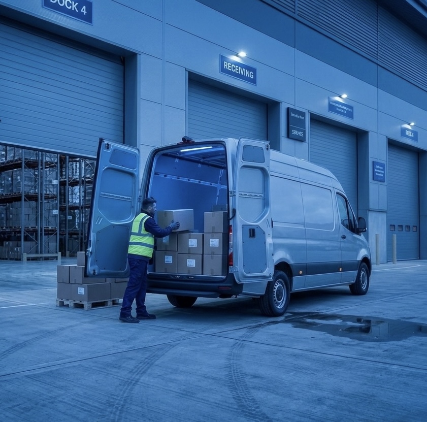 Logistics delivery driver loading van